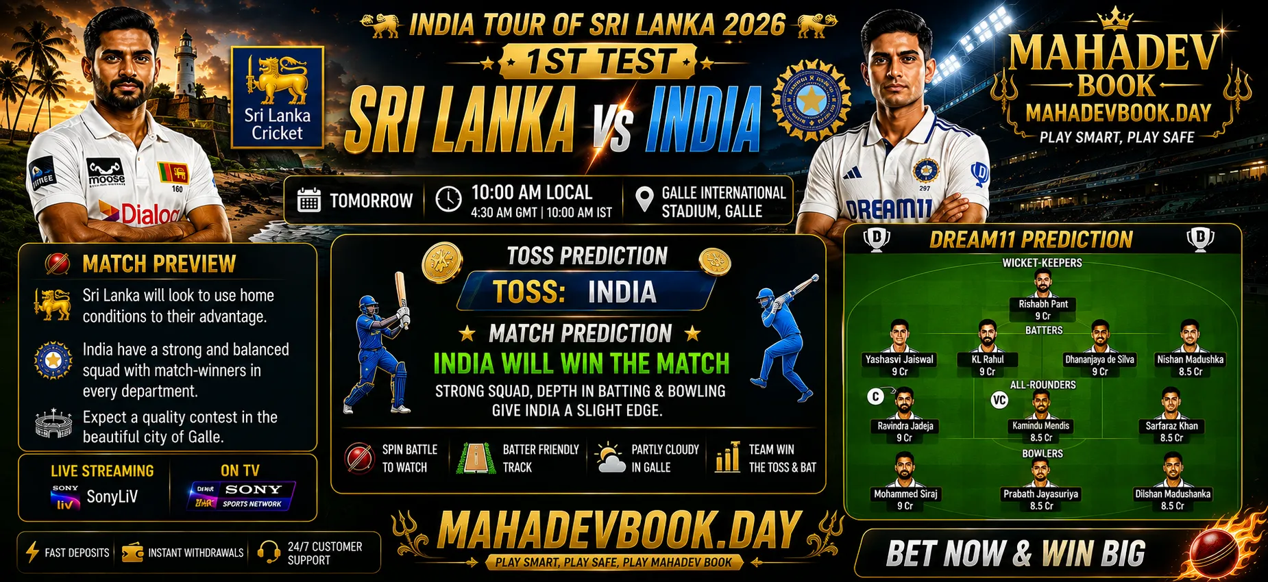 SL vs IND 1st Test prediction 2026