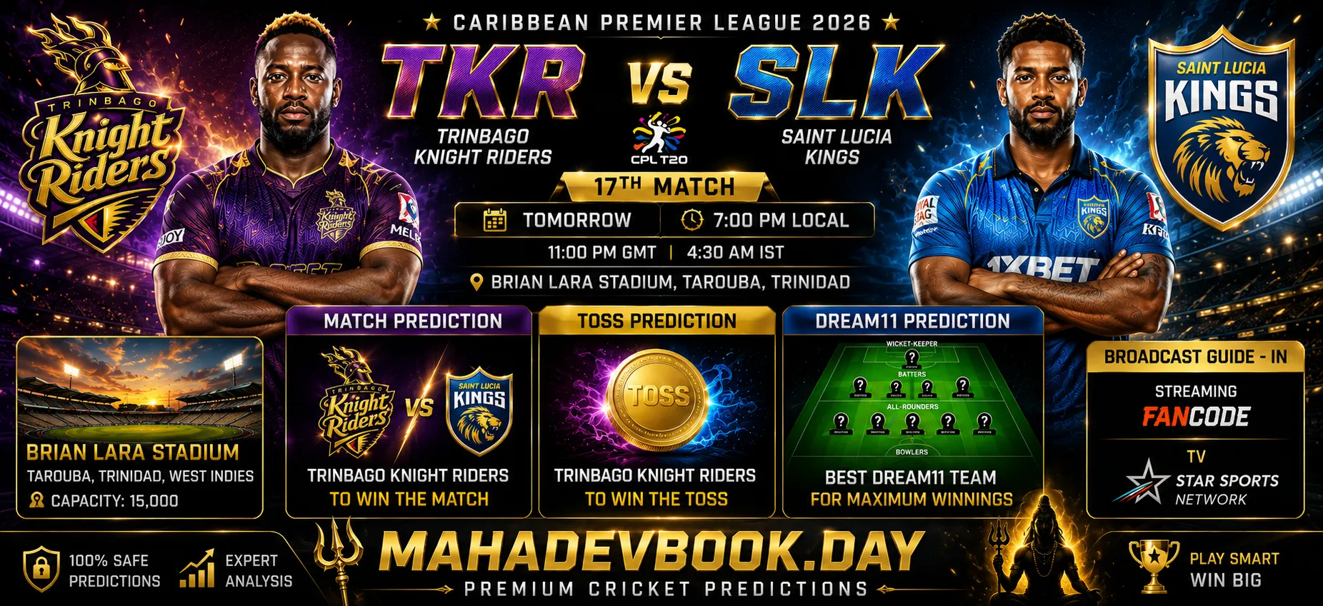 TKR vs SLK match prediction Caribbean Premier League 2026
