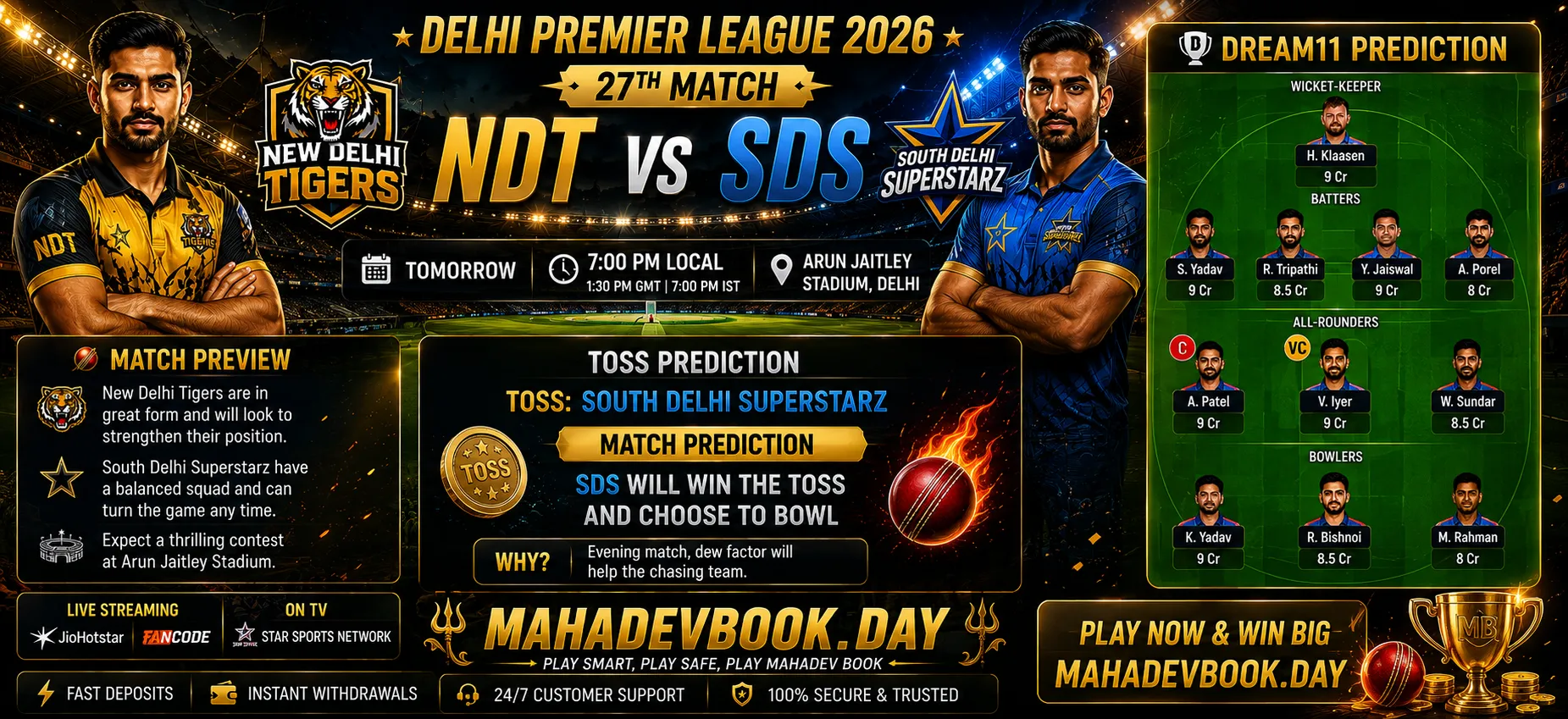 NDT vs SDS match prediction Delhi Premier League 2026